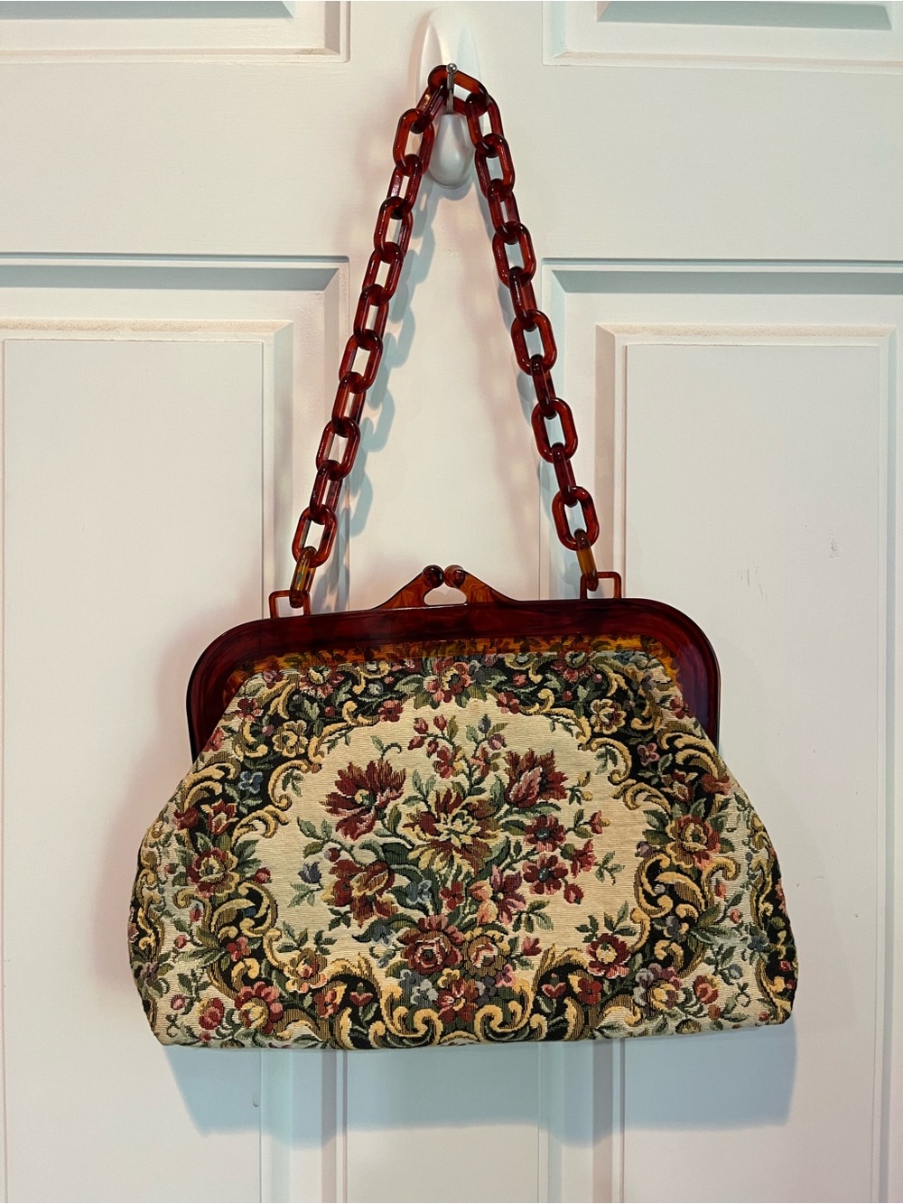 Vintage Floral Tapestry Handbag with Tortoiseshell Chain Handle